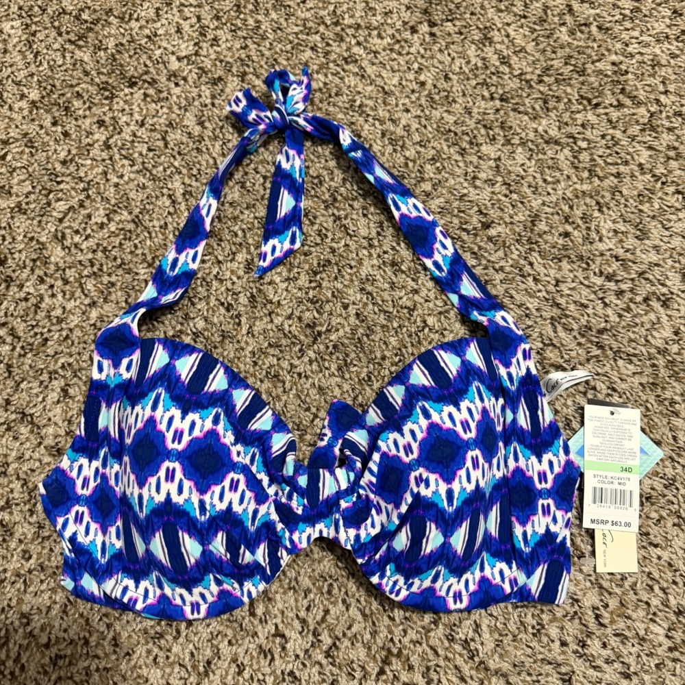 Kenneth Cole New York Blue‎ Ikat Underwire Halter Bikini Top 34D KC4V170 NWT